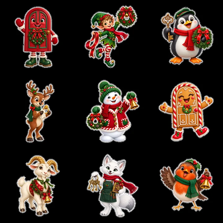 Christmas door characters in a festive 3x3 layout - AI-generated stock image