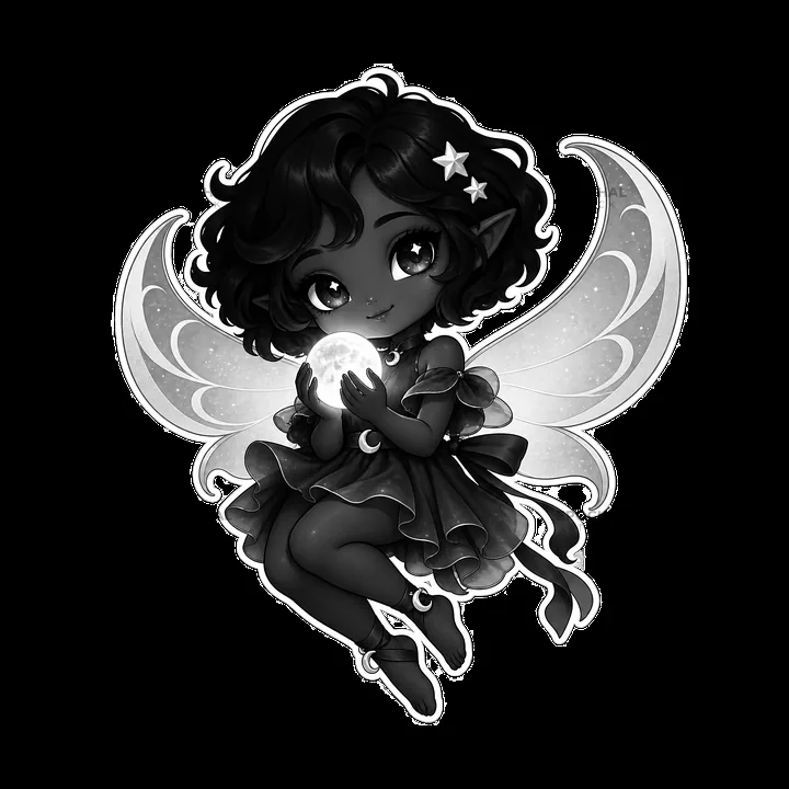 Kawaii chubby fairy holding a moon with detailed wings - AI-generated stock image