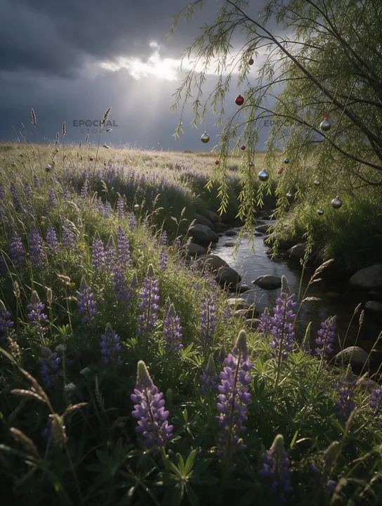 Christmas ornaments hanging above stream in meadow - AI-generated stock image