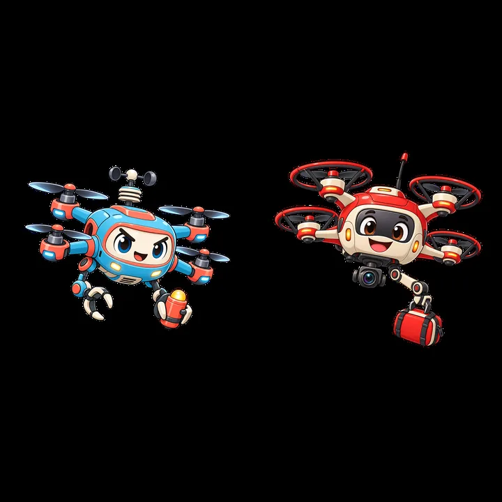 Cartoon drones with smiley faces and red accessories in pairs - AI-generated stock image