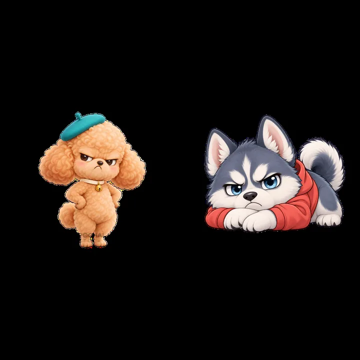 Kawaii grumpy dog pair with colorful fur in playful poses - AI-generated stock image