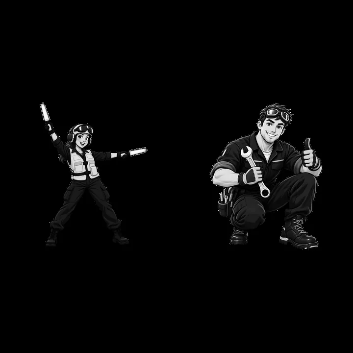 Cartoon characters signaling and posing on an aircraft carrier - AI-generated stock image
