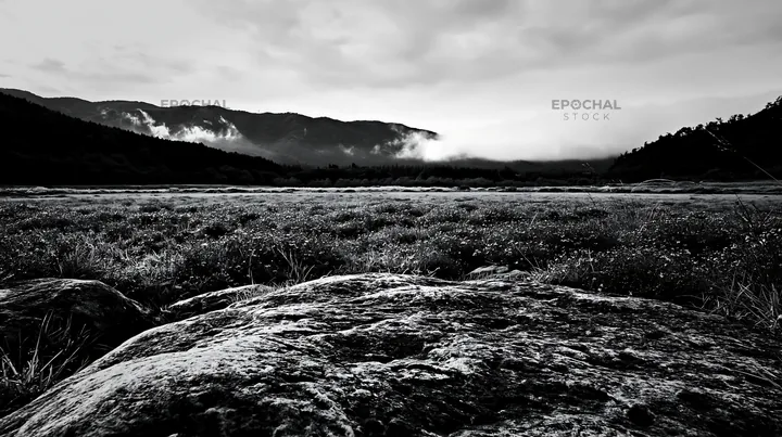 Hiroshima rainy meadow with smooth rocks and distant mountains - AI-generated stock image
