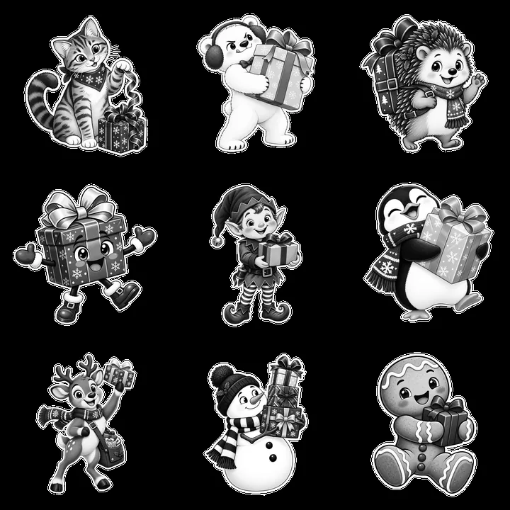 Nine cartoon characters are shown holding wrapped Christmas presents - AI-generated stock image