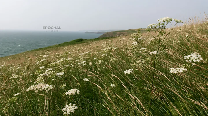 Cow parsley meadow near the sea with green hills in the background - AI-generated stock image