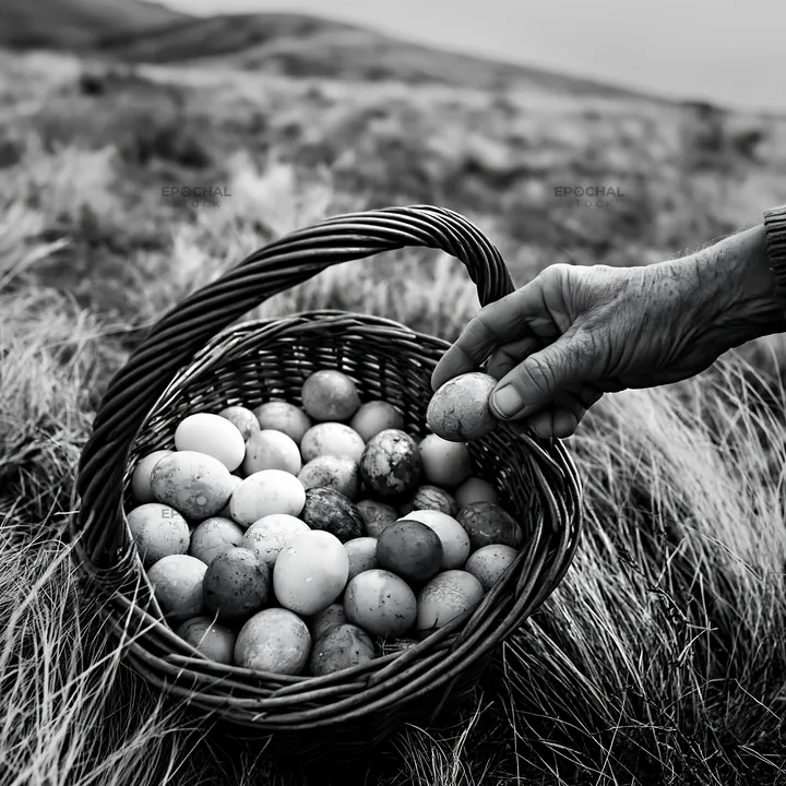 Easter basket in a mountain meadow with eggs being collected - AI-generated stock image