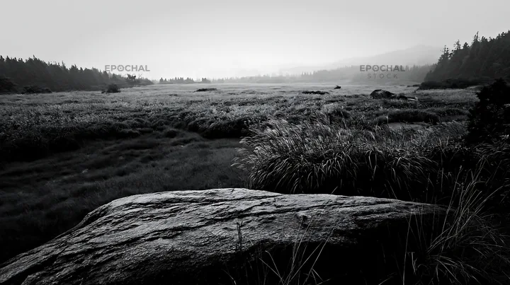 Black and white hiroshima rainy meadow smooth rock foreground - AI-generated stock image
