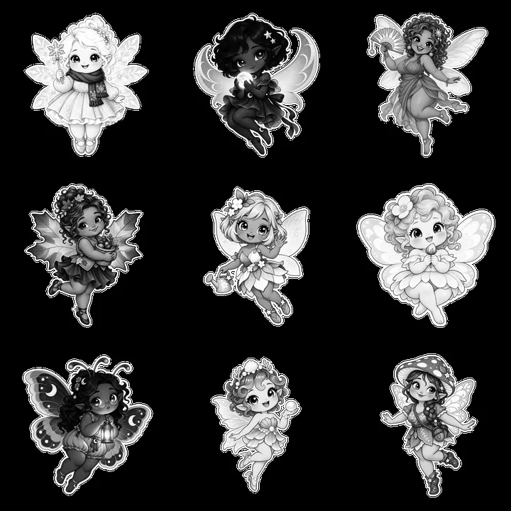 Kawaii chubby fairies in a 3x3 grid formation - AI-generated stock image