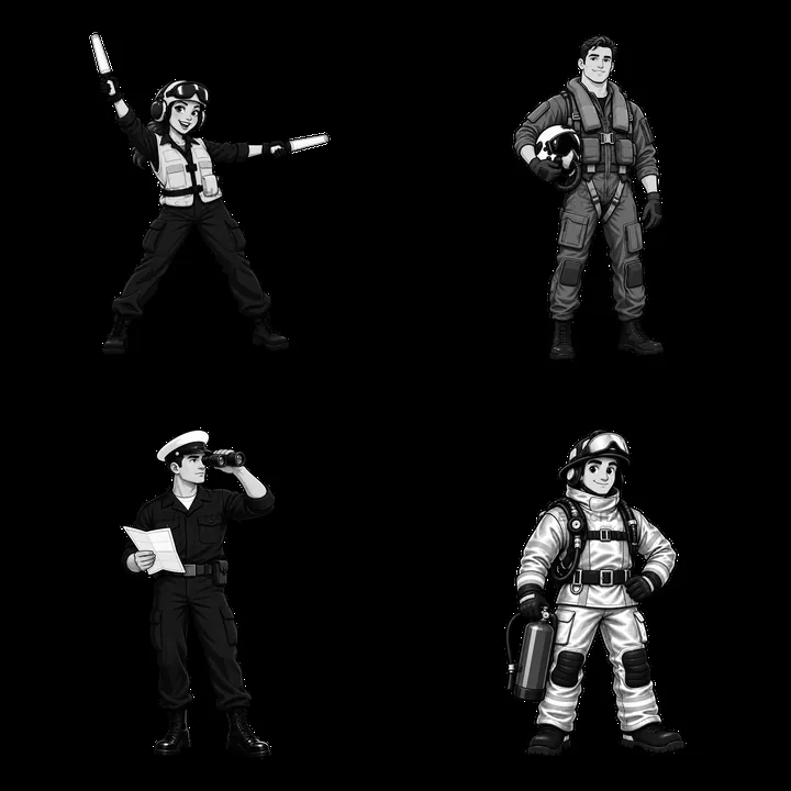 Four cartoon characters on aircraft carrier in black and white - AI-generated stock image