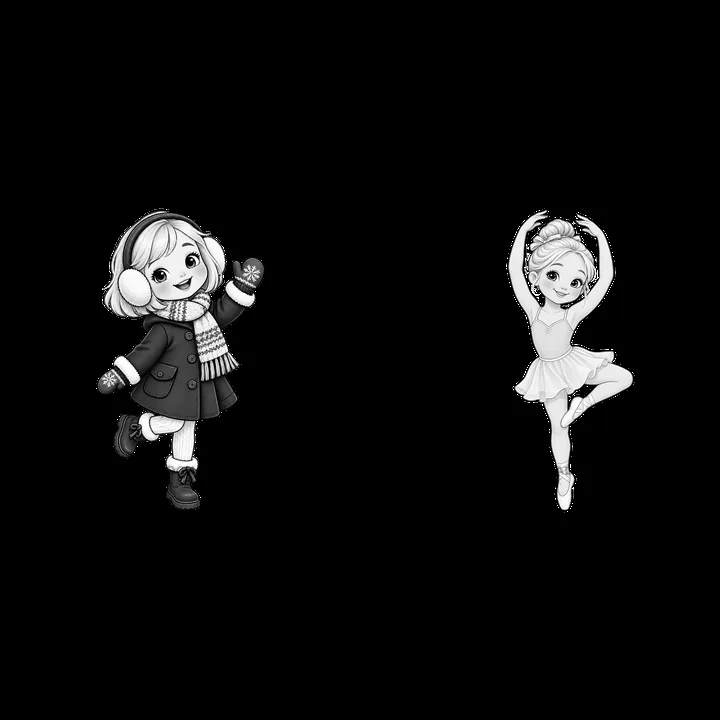 Blond child in winter outfit and ballet pose - AI-generated stock image