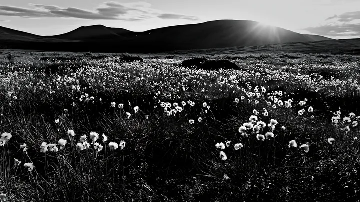 Black and white cottongrass meadow glow at sunset across rolling hills - AI-generated stock image