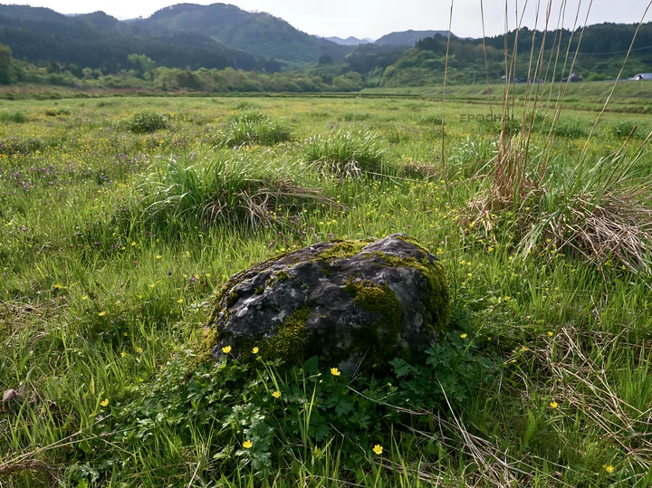 Miyagi spring recovery meadow mossy stone in a green field - AI-generated stock image