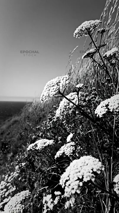Black and white yarrow meadow bloom with ocean view and blue sky - AI-generated stock image