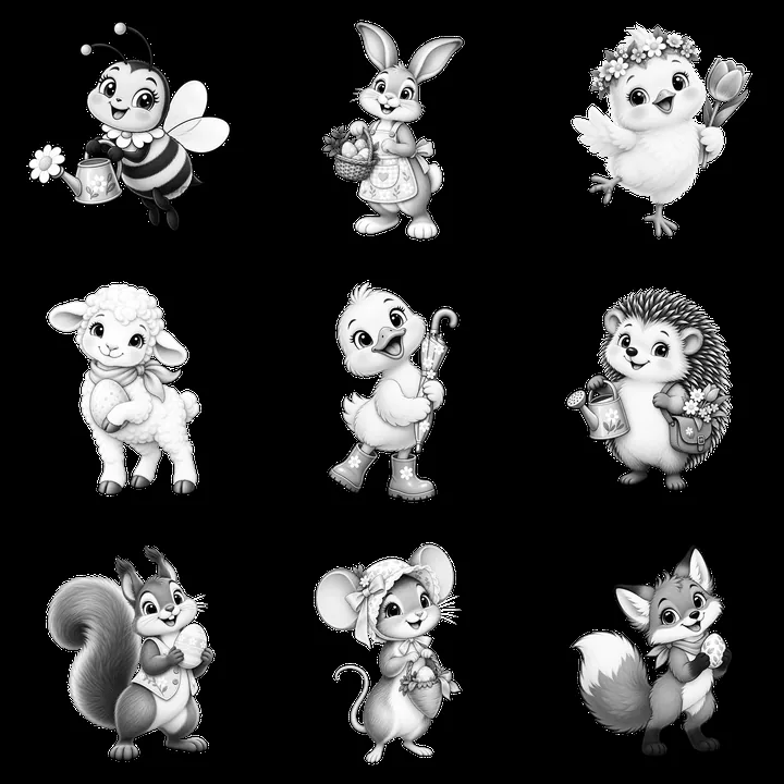 Easter meadow characters gathering flowers in black and white - AI-generated stock image
