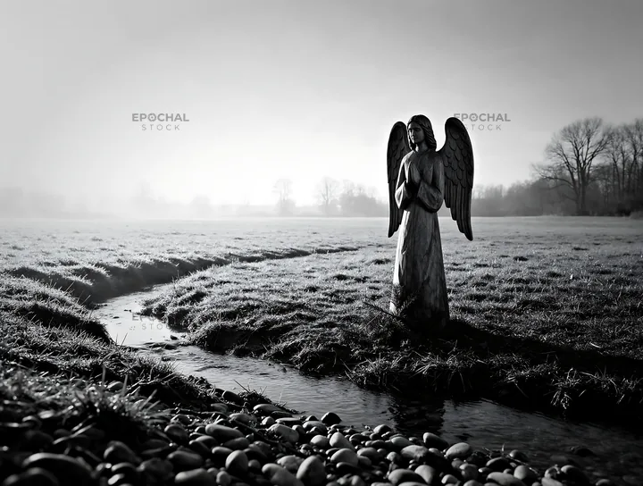 Wooden angel stands in a meadow near a creek - AI-generated stock image
