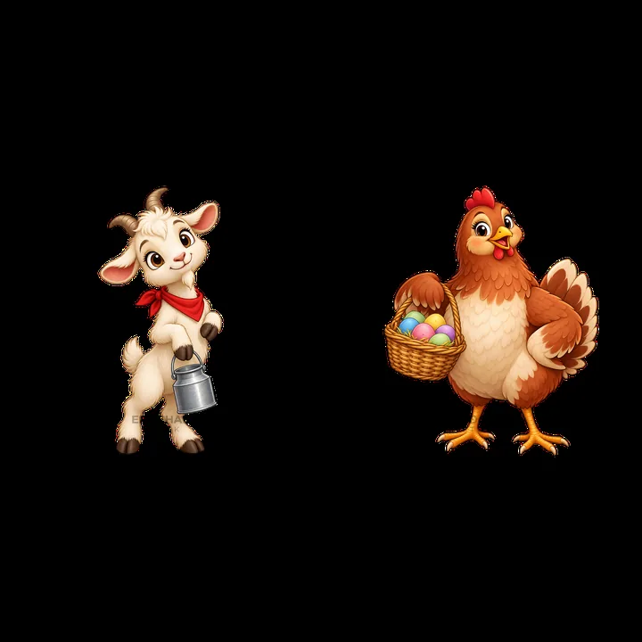 Goat with milk can and hen with basket of colorful eggs - AI-generated stock image