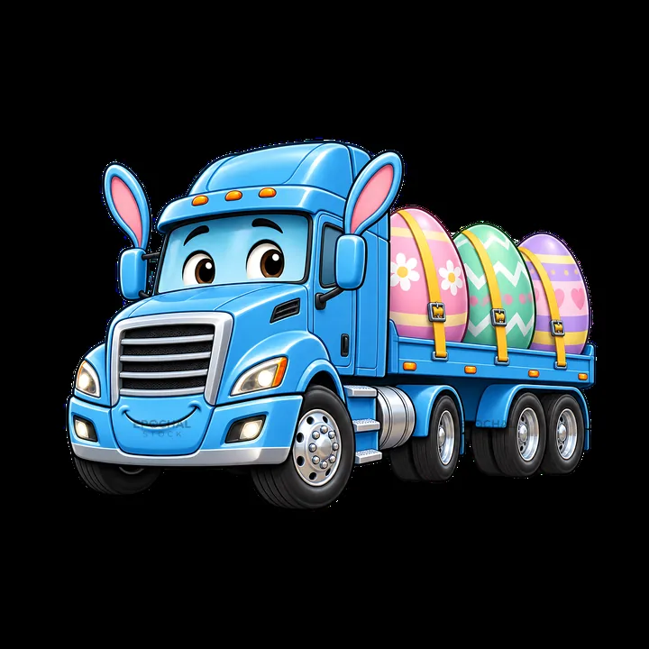 Easter truck with colorful eggs and bunny ears driving - AI-generated stock image