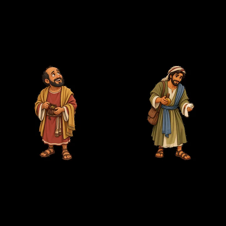 Two biblical figures discussing faith with scrolls in hand - AI-generated stock image