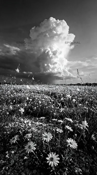 Black and white drought-tolerant meadow with white flowers and clouds - AI-generated stock image
