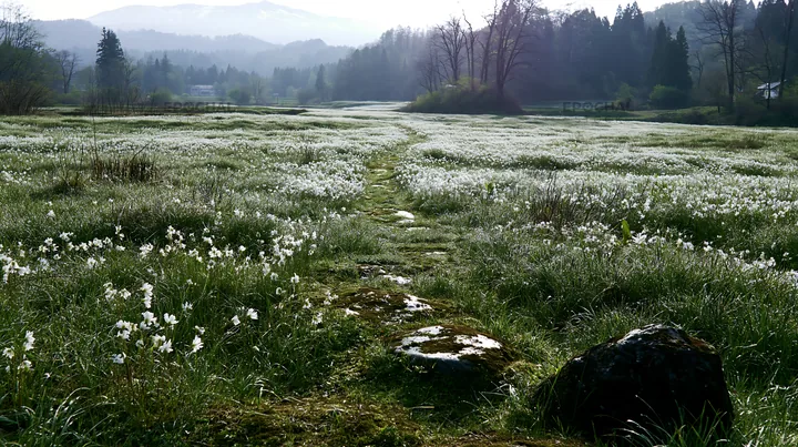 Miyagi spring recovery meadow mossy stone in sunny landscape - AI-generated stock image