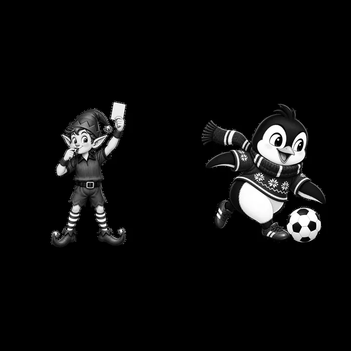 Christmas elf and penguin playing soccer together - AI-generated stock image