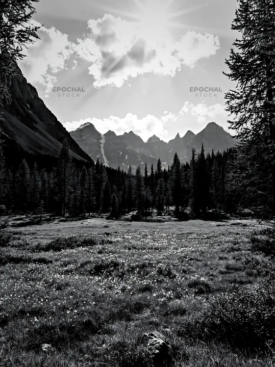Sunrays shining over meadow and mountains with trees - AI-generated stock image