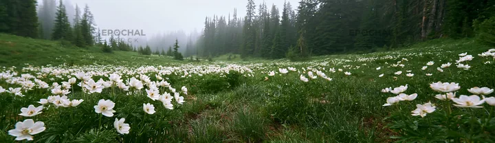 Misty forest meadow with flowers and trees in the background - AI-generated stock image