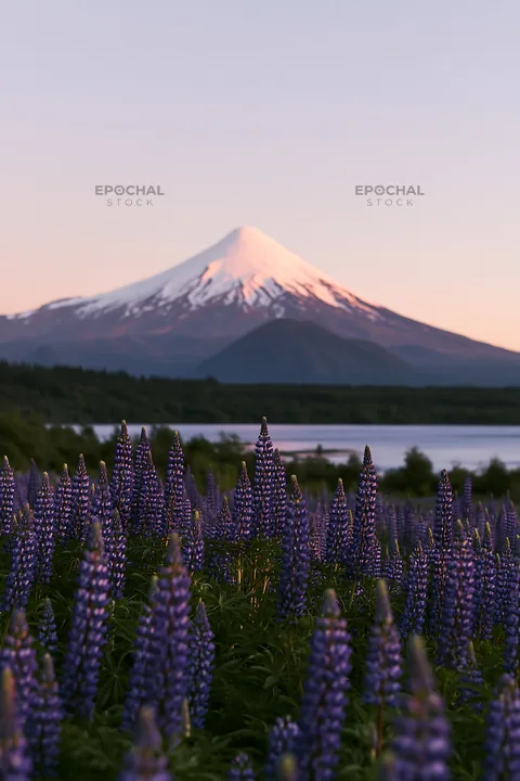 Lupin meadow in foreground with mountain in background - AI-generated stock image