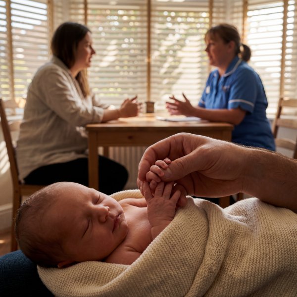 Newborn baby resting while adults talk at home in daylight Premium Stock Image - stock photo