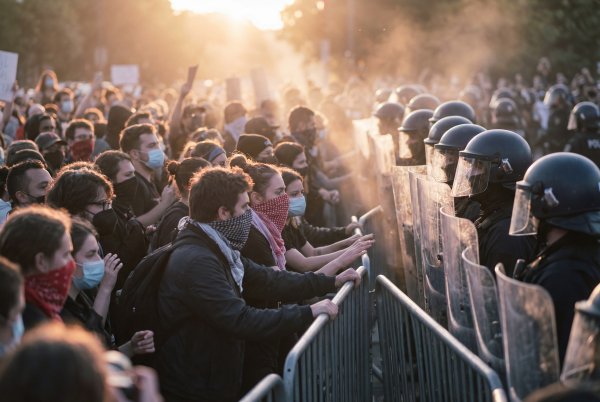 Protesters face police line during evening demonstration Premium Stock Photo - stock photo
