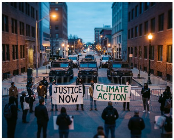 Crowd holds signs for justice and climate action in the city Premium Stock Image - stock photo