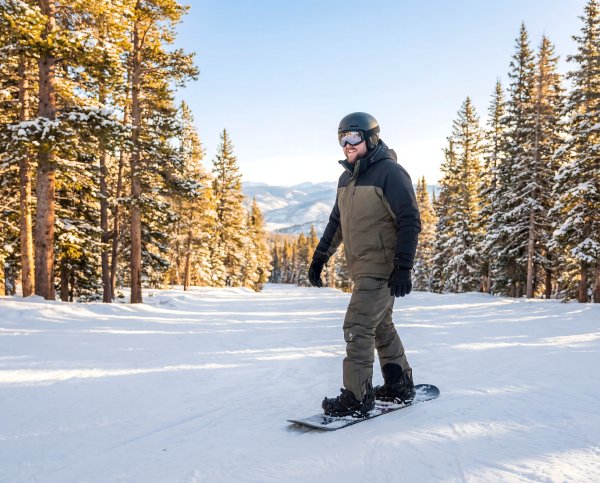 Snowboarder rides down a snowy slope in a forest setting - stock photo