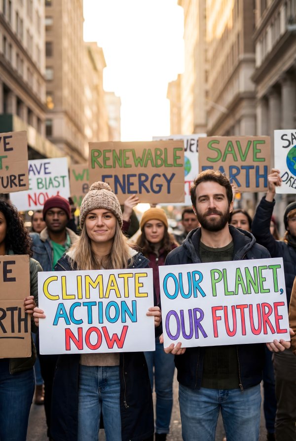 People march for climate action in the city center during the day - stock photo