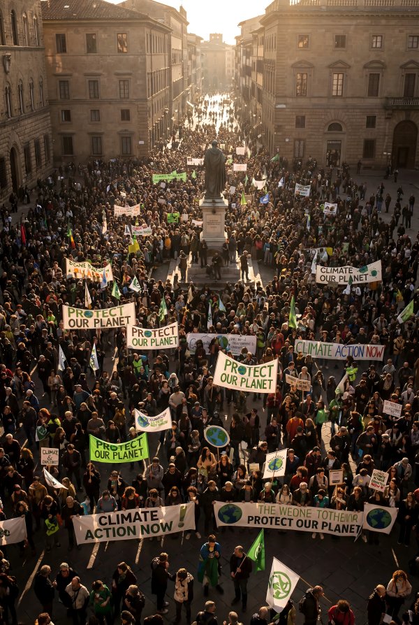 Large group rallies in city square for climate awareness and action - stock photo