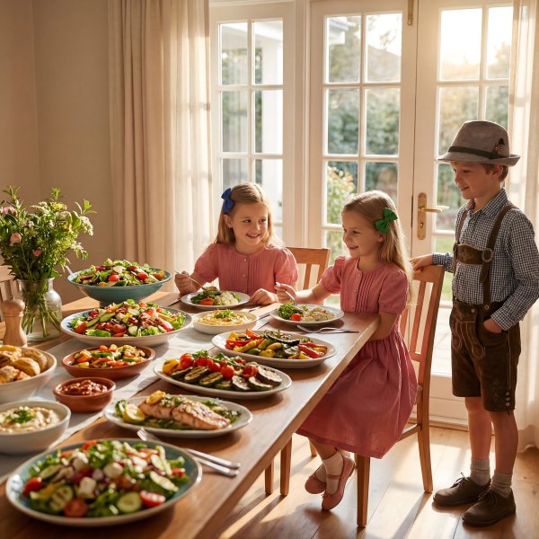 Kids enjoy a meal at a dining table with many dishes - stock photo