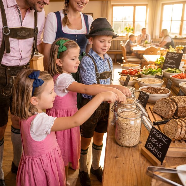 Family enjoys breakfast at a restaurant in a cozy wooden setting - stock photo