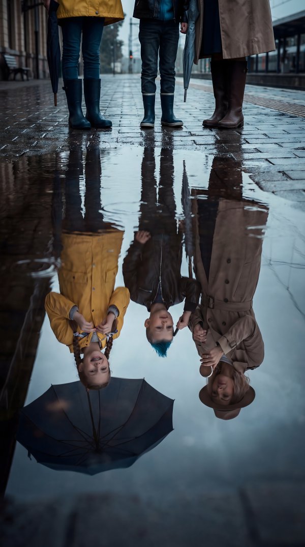 Children play with umbrellas during rain at a train station - stock photo