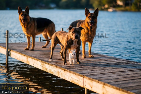Dogs and a cat stand on a dock by a lake during sunset - stock photo