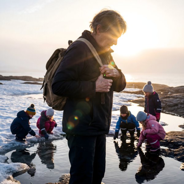 Children explore tide pools by the shore during sunset with an adult - stock photo