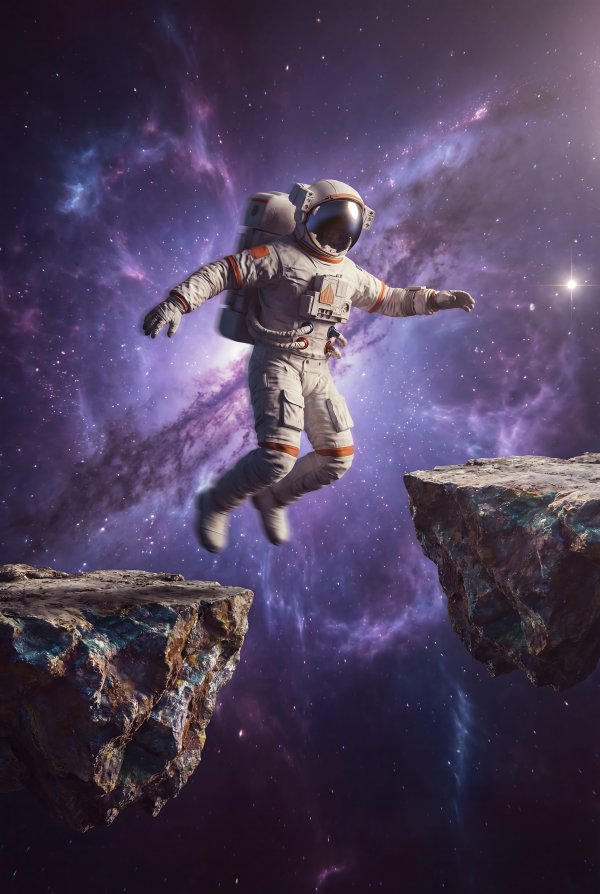 Astronaut floats among rocks in colorful deep space - stock photo