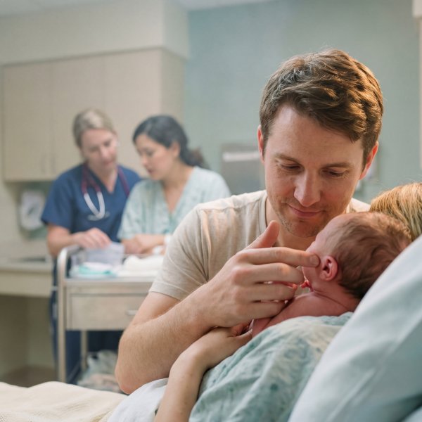 Newborn baby first meeting with father in hospital room - stock photo