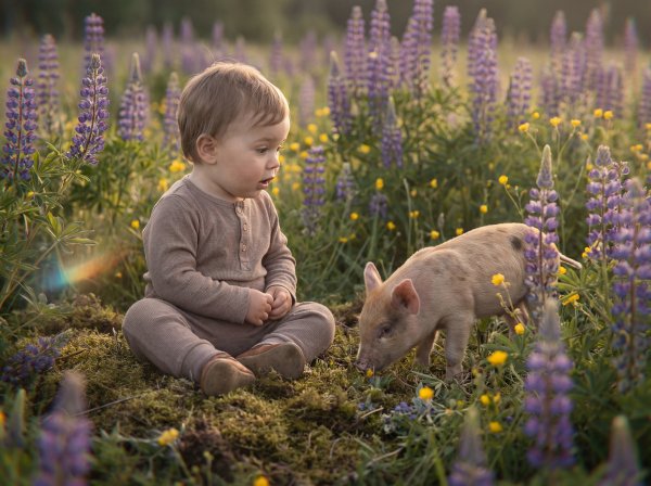 Child sits in flowers with piglet during sunny afternoon - stock photo