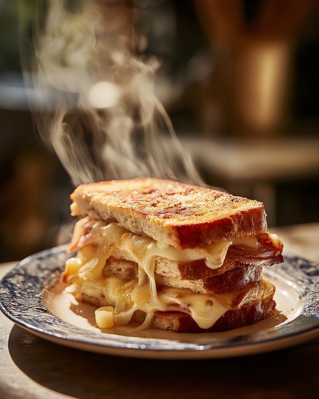 Melting cheese sandwich stacked on a plate with steam rising Free Premium Stock Image - stock photo