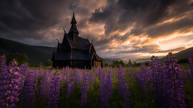 Wooden church beside purple flowers at sunset Free Premium Stock Photo - stock photo