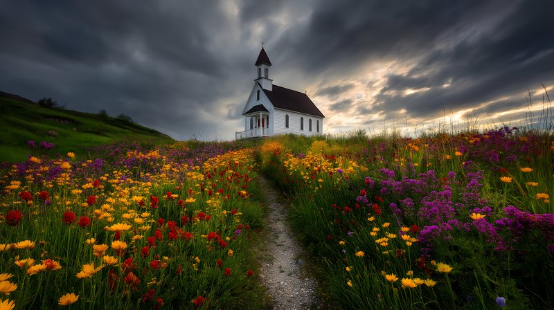Church stands in a field of flowers near a cloudy sky Free Premium Stock Image - stock photo