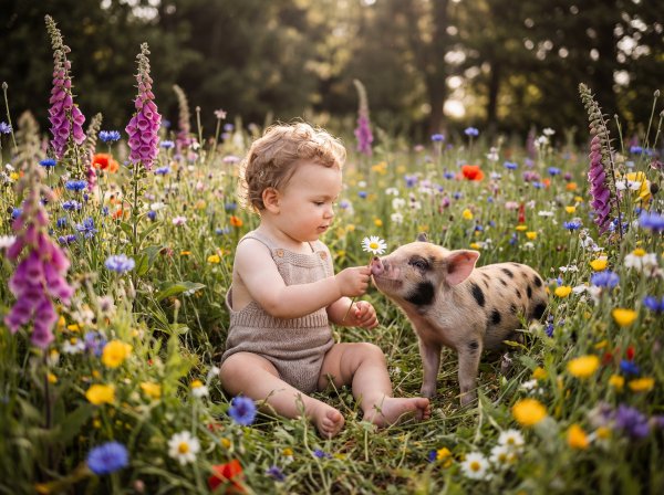 Child plays with pig in flower field during sunny day - stock photo