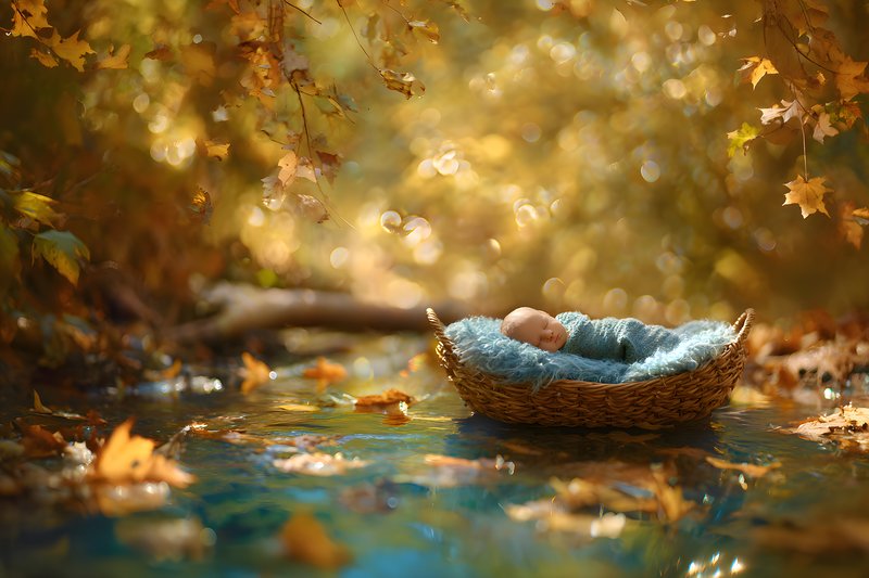 Baby in a basket floating on water under autumn leaves Free Premium Stock Photo - stock photo