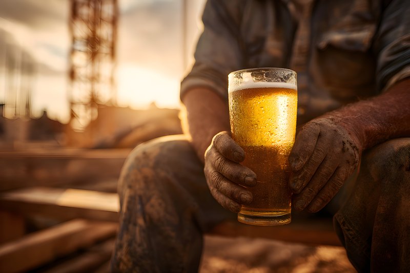 Worker enjoys a cold drink at sunset after a long day Free Premium Stock Image - stock photo