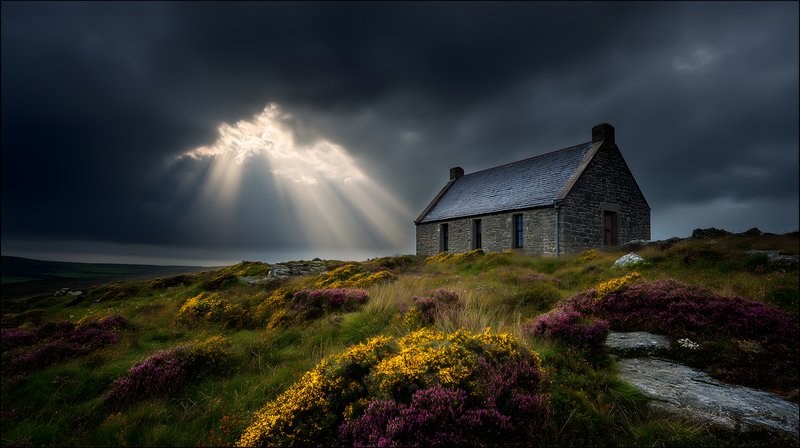 Old stone house on a hill with dark clouds and sunlight Free Premium Stock Photo - stock photo