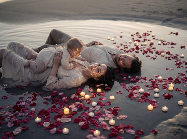Couple and baby enjoy time together in water with rose petals - stock photo